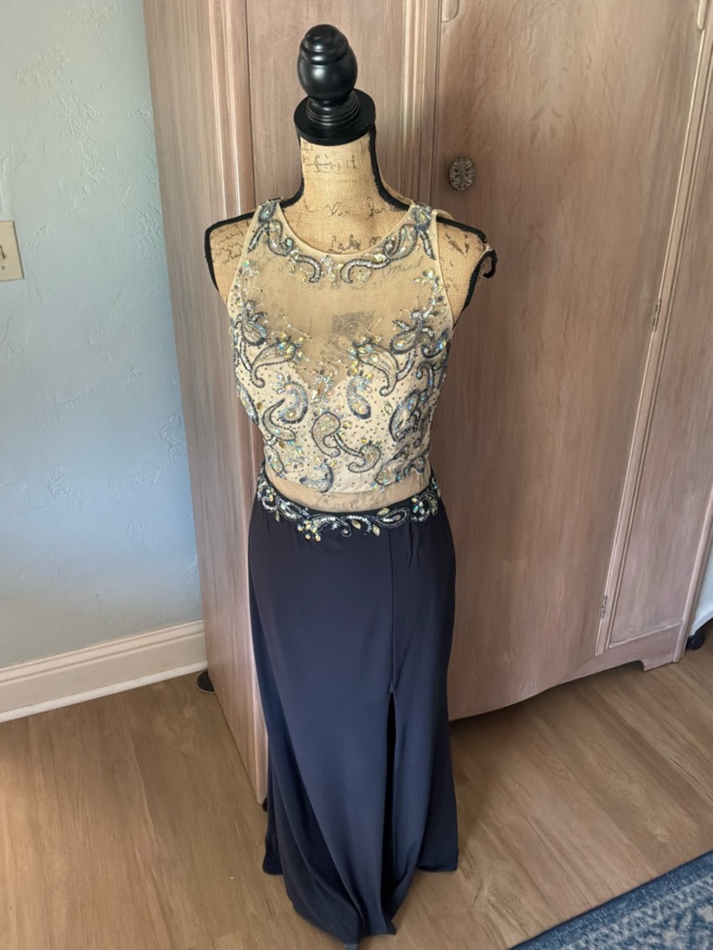NEW ANNY LEE sheer illusion embellished bodice formal gown dress wedding gala L
